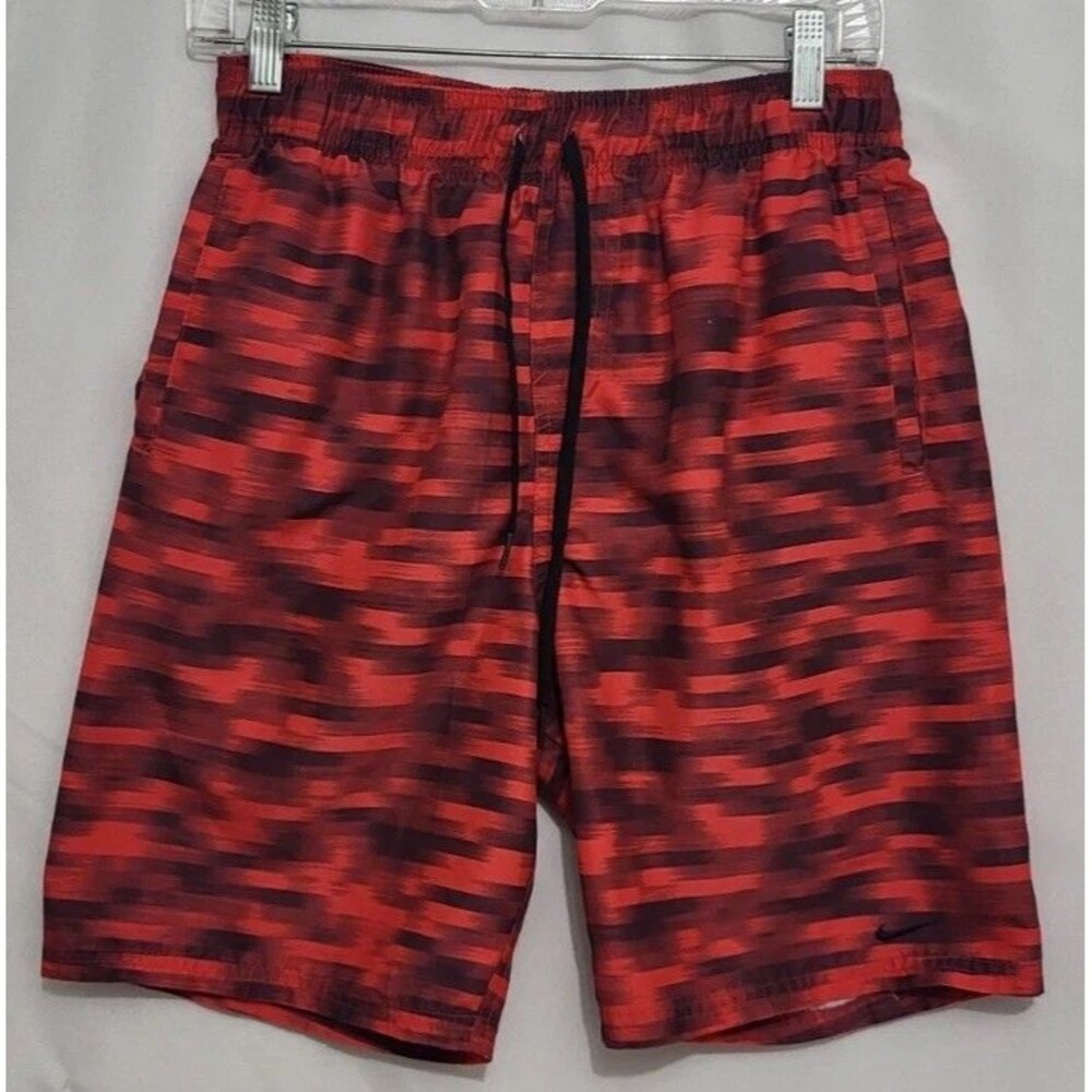 Nike Mens S Volley Swim Trunks Red Black Stripe Lined Drawstring Board Shorts
